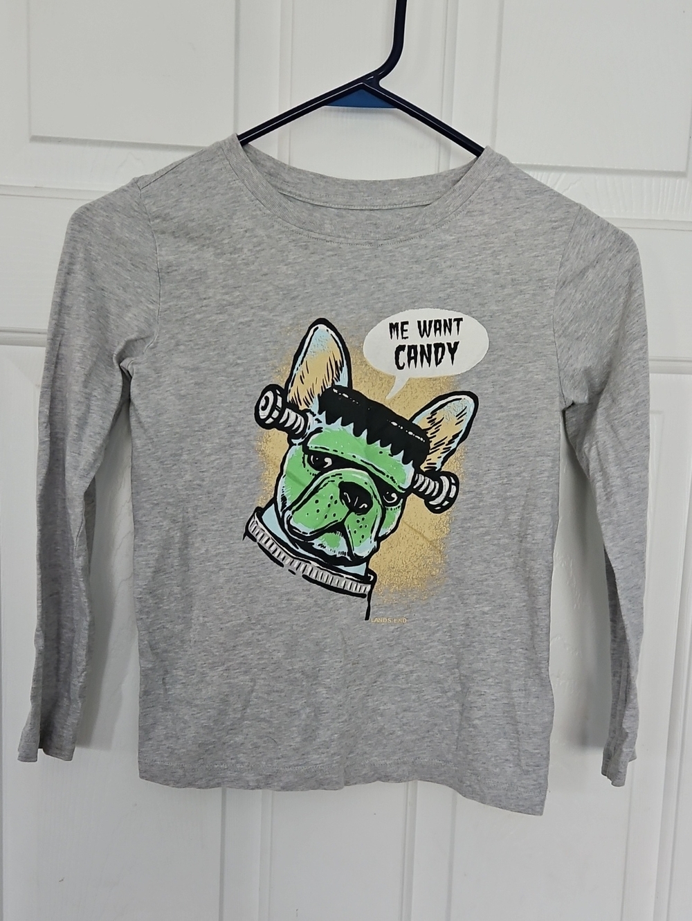 Lands' End Grey Long-Sleeve Tee with Green Frankenstein Dog Graphic